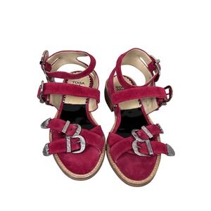 Toga Pulla Polido Buckle Sandals Ankle Strap Western Red Suede Size 36 (5.5)‎
